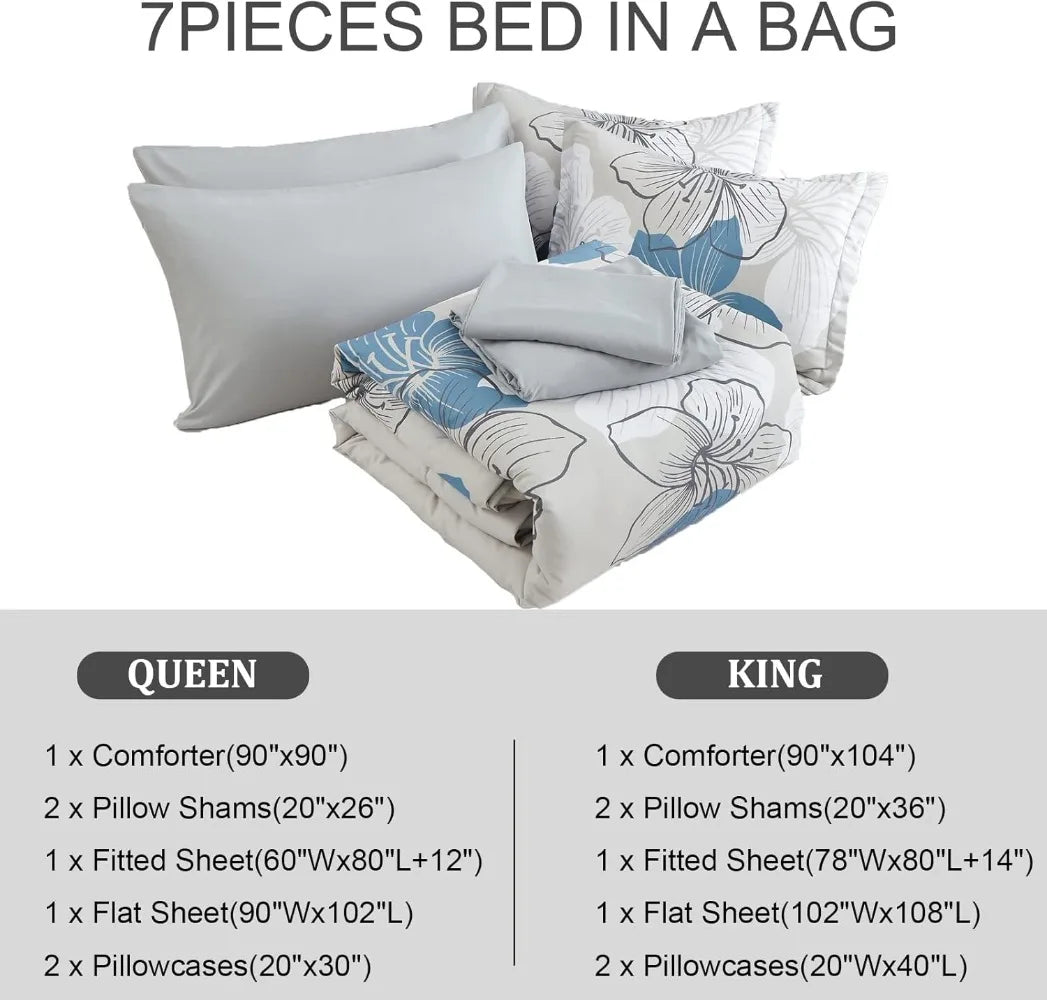 Comforter Set Queen Size, Blue Floral Comforter and Sheet Set, 7 Pieces Bed in a Bag Soft Microfiber Complete Duvet Cover Set