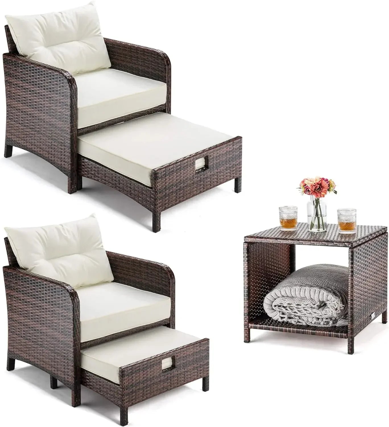 5 Pieces Wicker Patio Furniture Set with Ottomans