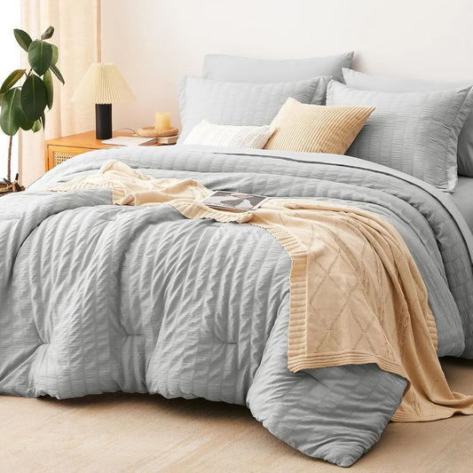 CozyLux King Seersucker Comforter Set with Light Grey Bed in a Bag 7-Pieces All Season Bedding Sets with Comforter, Pillow Sham,