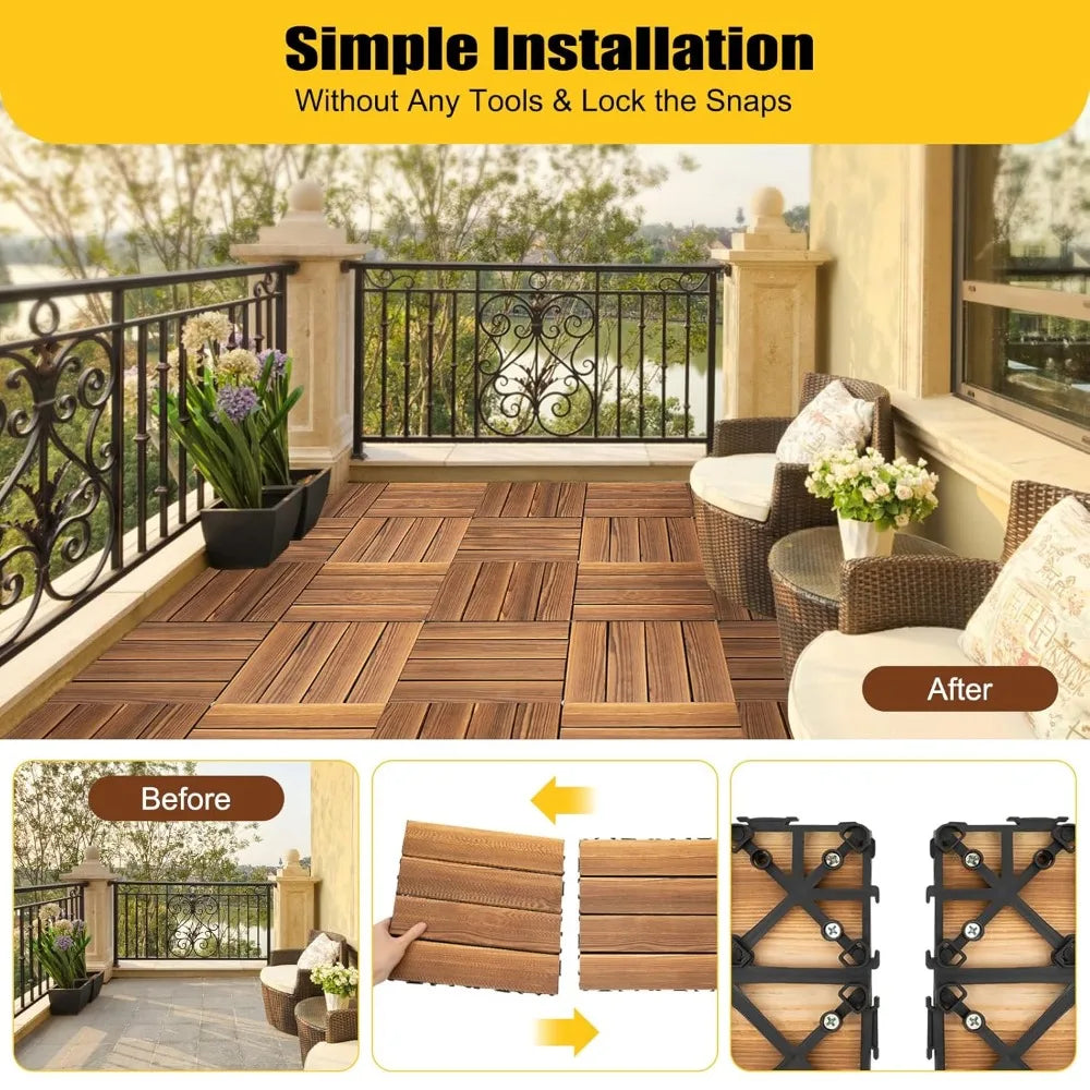 36 Pack Hardwood Interlocking Patio Deck Tiles 12" x 12" x 1" Waterproof,  Brown Tiles