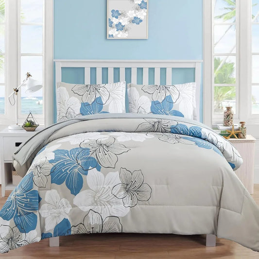 Comforter Set Queen Size, Blue Floral Comforter and Sheet Set, 7 Pieces Bed in a Bag Soft Microfiber Complete Duvet Cover Set