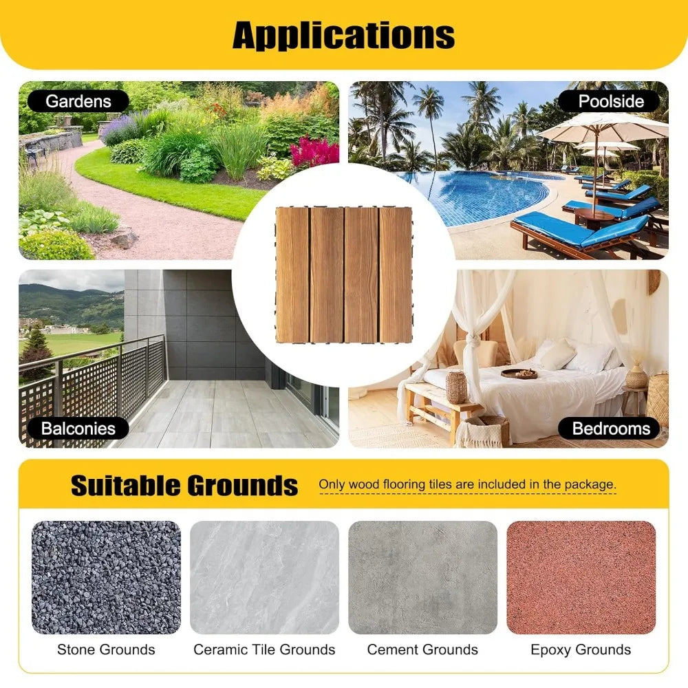 36 Pack Hardwood Interlocking Patio Deck Tiles 12" x 12" x 1" Waterproof,  Brown Tiles