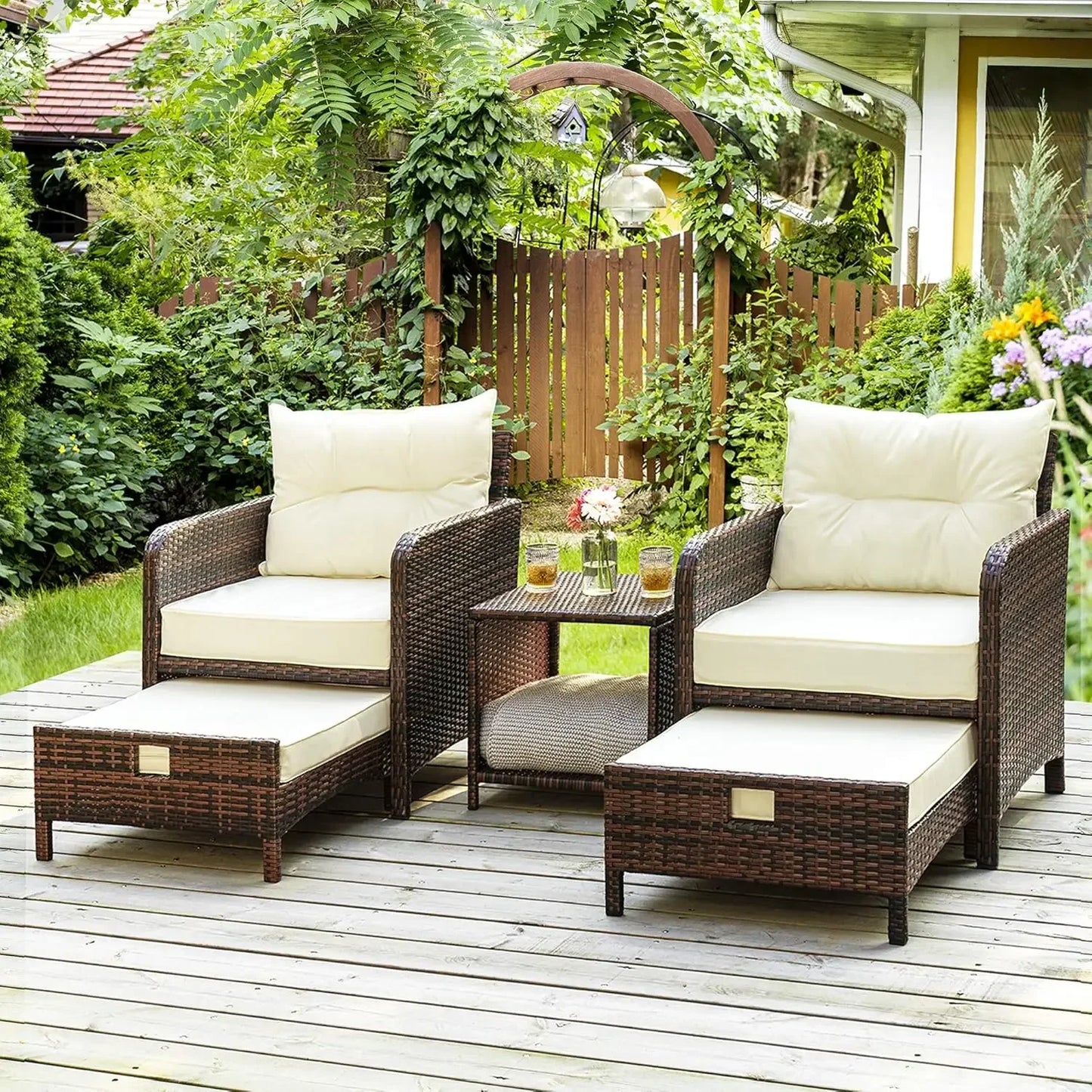 5 Pieces Wicker Patio Furniture Set with Ottomans